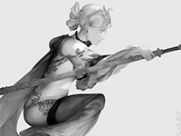 girl with sword, greyscale
